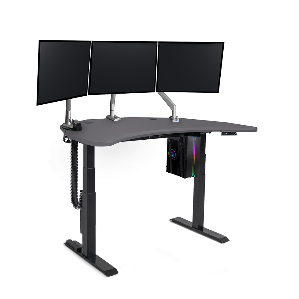 PC Battlestation BUNDLE: Corner Gaming Desk + 5 Accessories MojoDesk Gaming Desk Matte Lux Charcoal / 3 Arms / Electric Sit-to-Stand